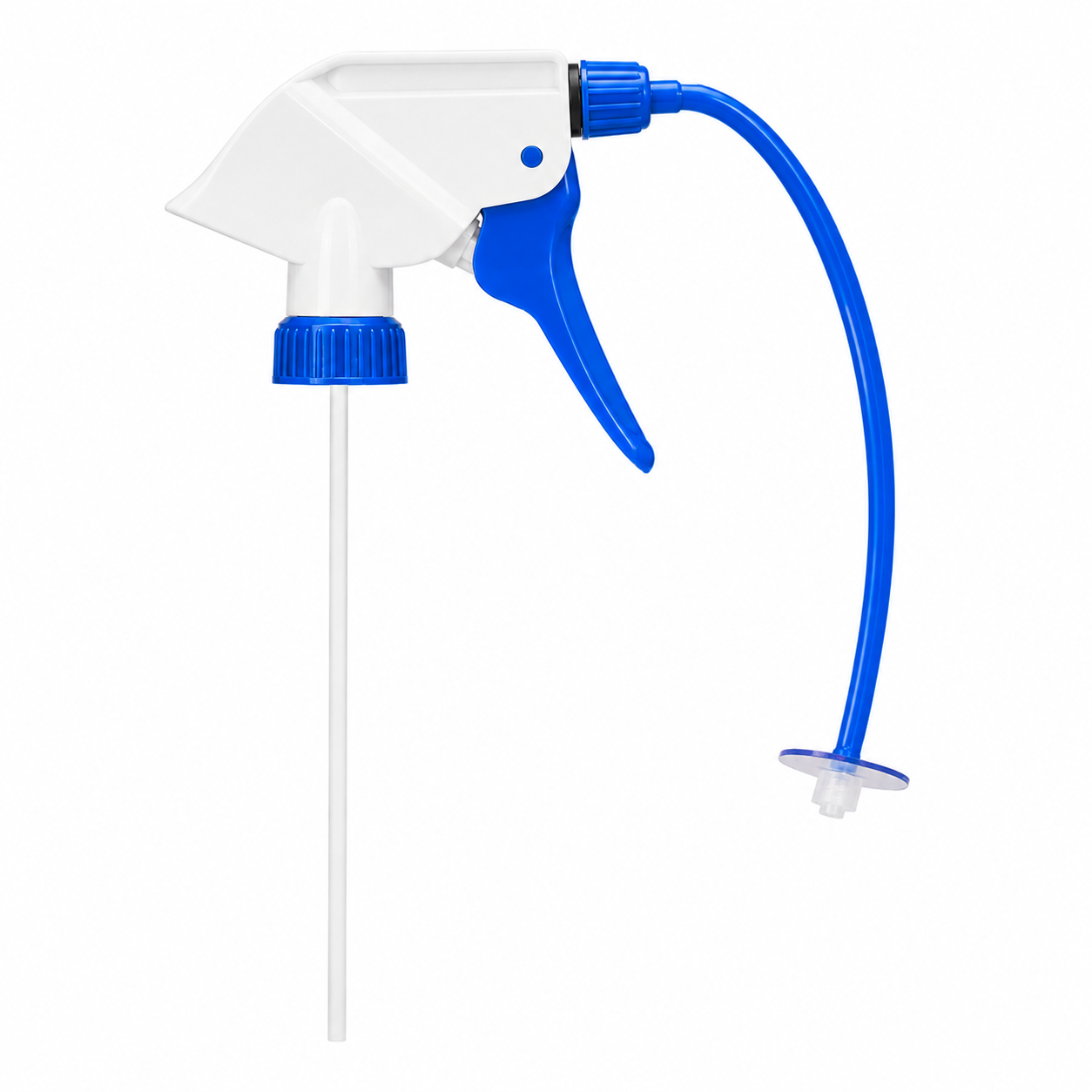A white and blue plastic spray bottle with a long white tube and a flexible blue hose, isolated on a white background.